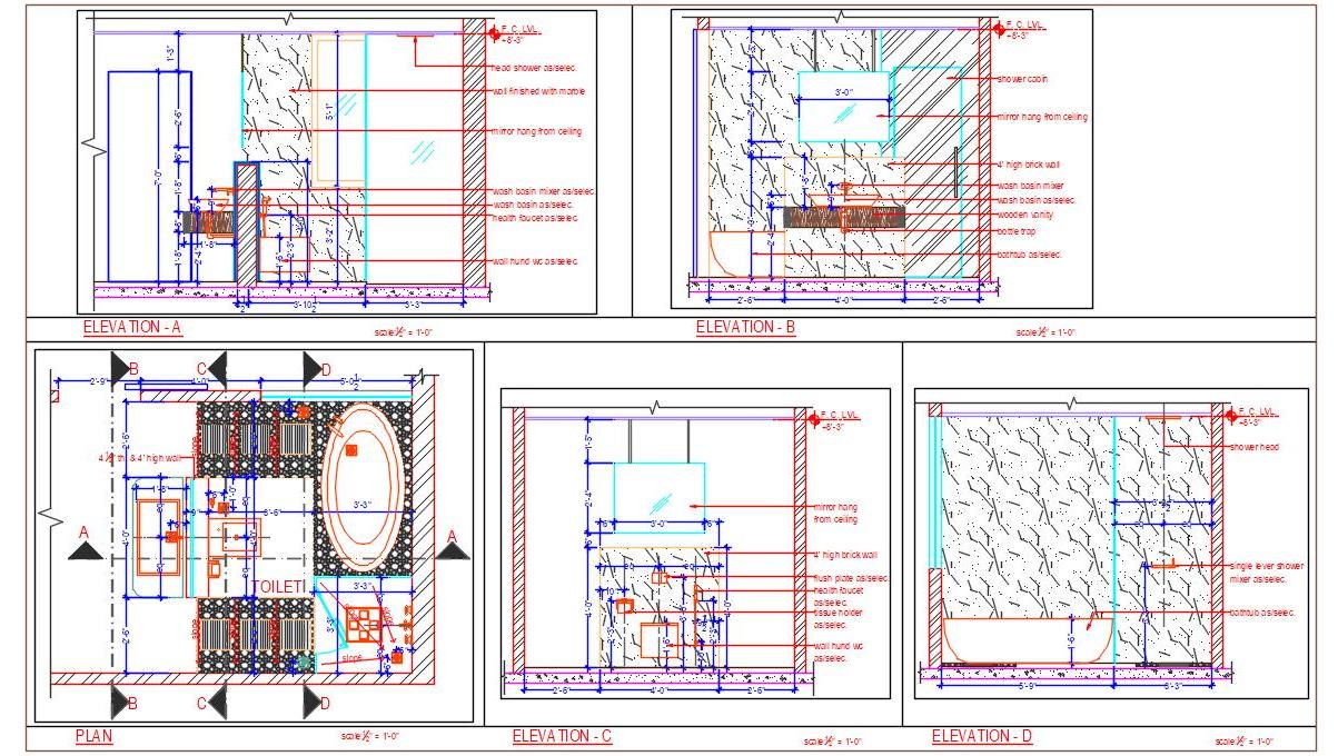 Master Bathroom CAD Drawing - Detailed Layout & Elevation